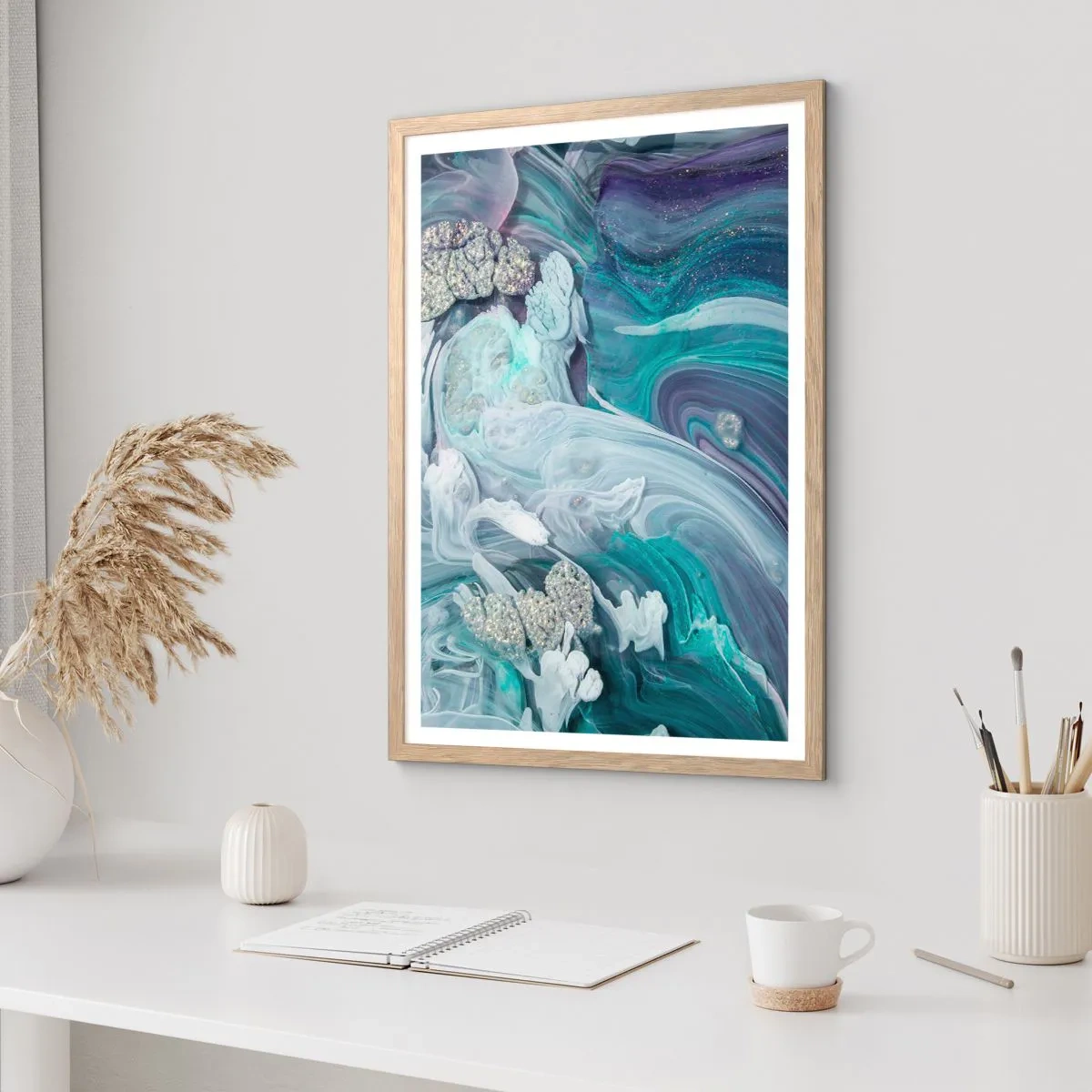 Poszter világos tölgy keretben - Kék áramlatok - 70x100 cm