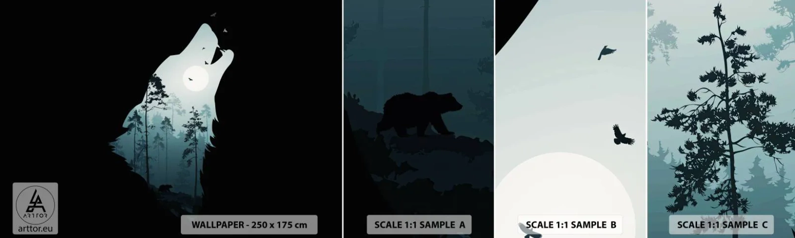 Fotótapéta Minta Öntapadós Deluxe Sticker - Az erdei éjszaka hangja - Absztrakció, Medve, Barlang - 100x30 cm