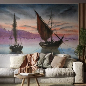 Fotótapéta Premium Sand - Este a kikötőben - Vitorlások, Tengerpart, Tájkép - 100x70 cm