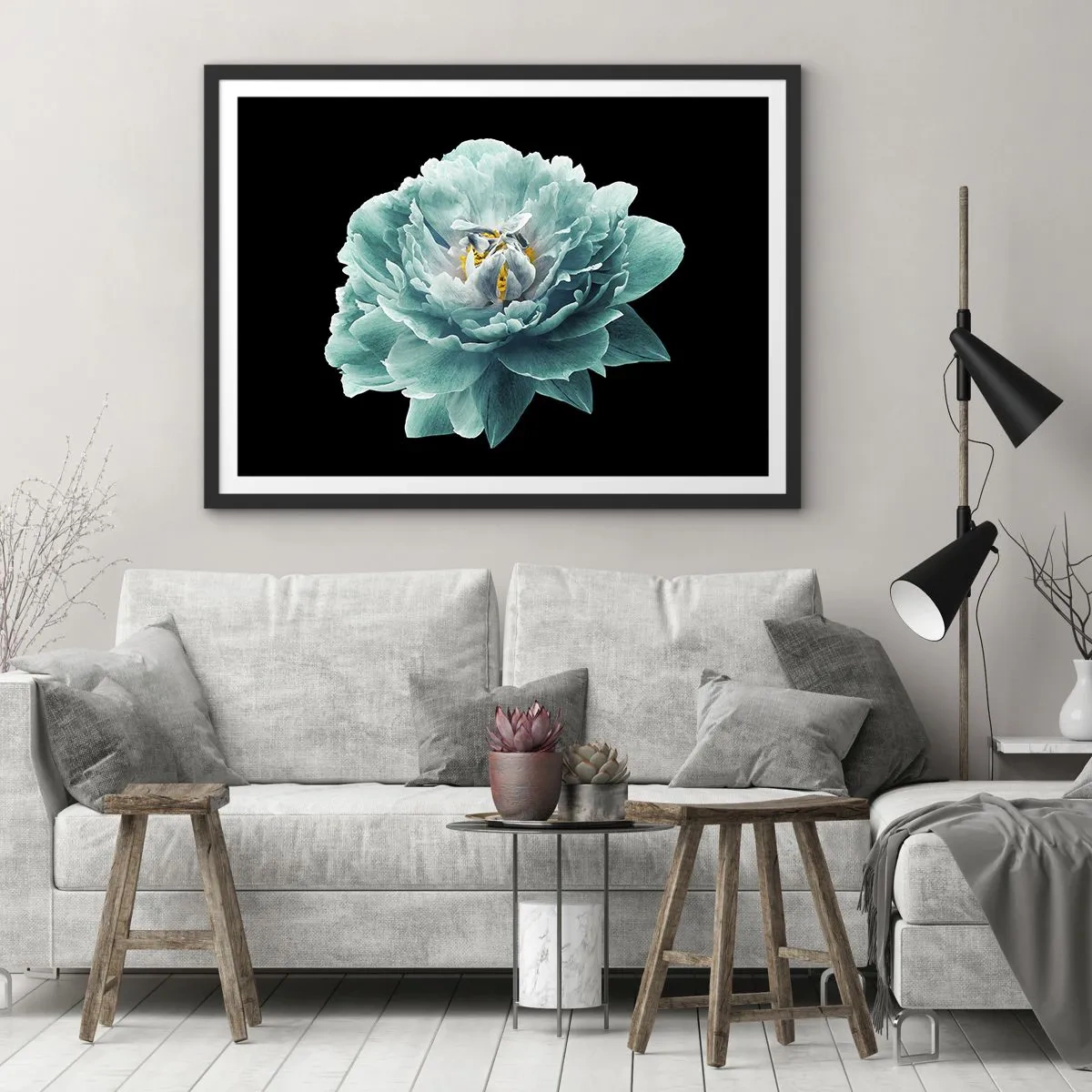 Poszter fehér keretben - Kék és arany szirmok - 100x70 cm