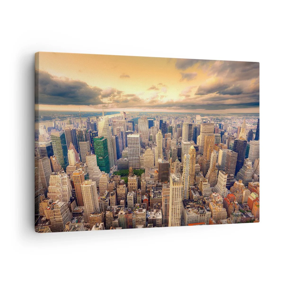 Vászonkép - Városi panoráma kilátással a felhőkarcolókra naplementekor - 70x50cm - Aranyozott metropolisz - Modern fali dekoráció nappalihoz és hálószobához ARTTOR