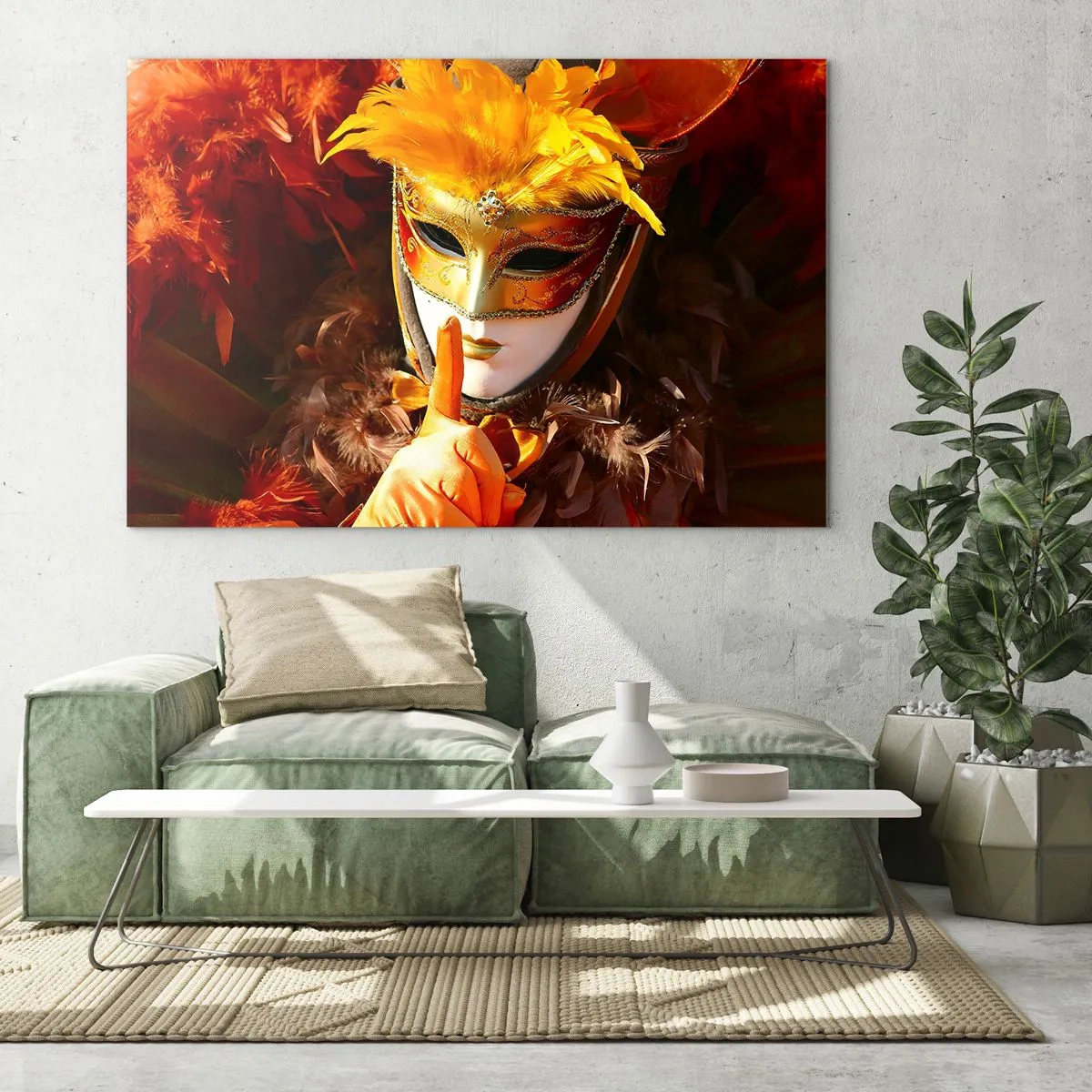 Üveg kép - Egy alak egy arany maszkban, narancssárga tollakkal - 70x50cm - A rejtély a játék része - Modern fali dekoráció nappalihoz és hálószobához ARTTOR