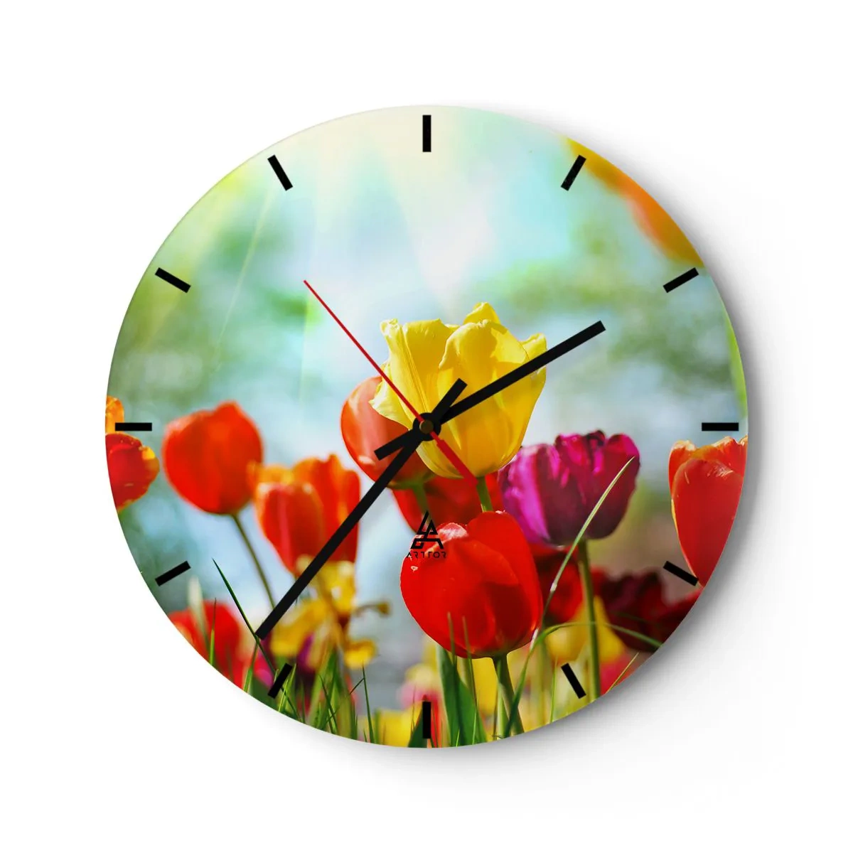 Falióra, Óra - Színes tulipánok, melyeket megvilágítanak a nap sugarai - 30x30cm - A nap minden színe - Modern fali dekoráció nappalihoz, konyhához és hálószobához ARTTOR