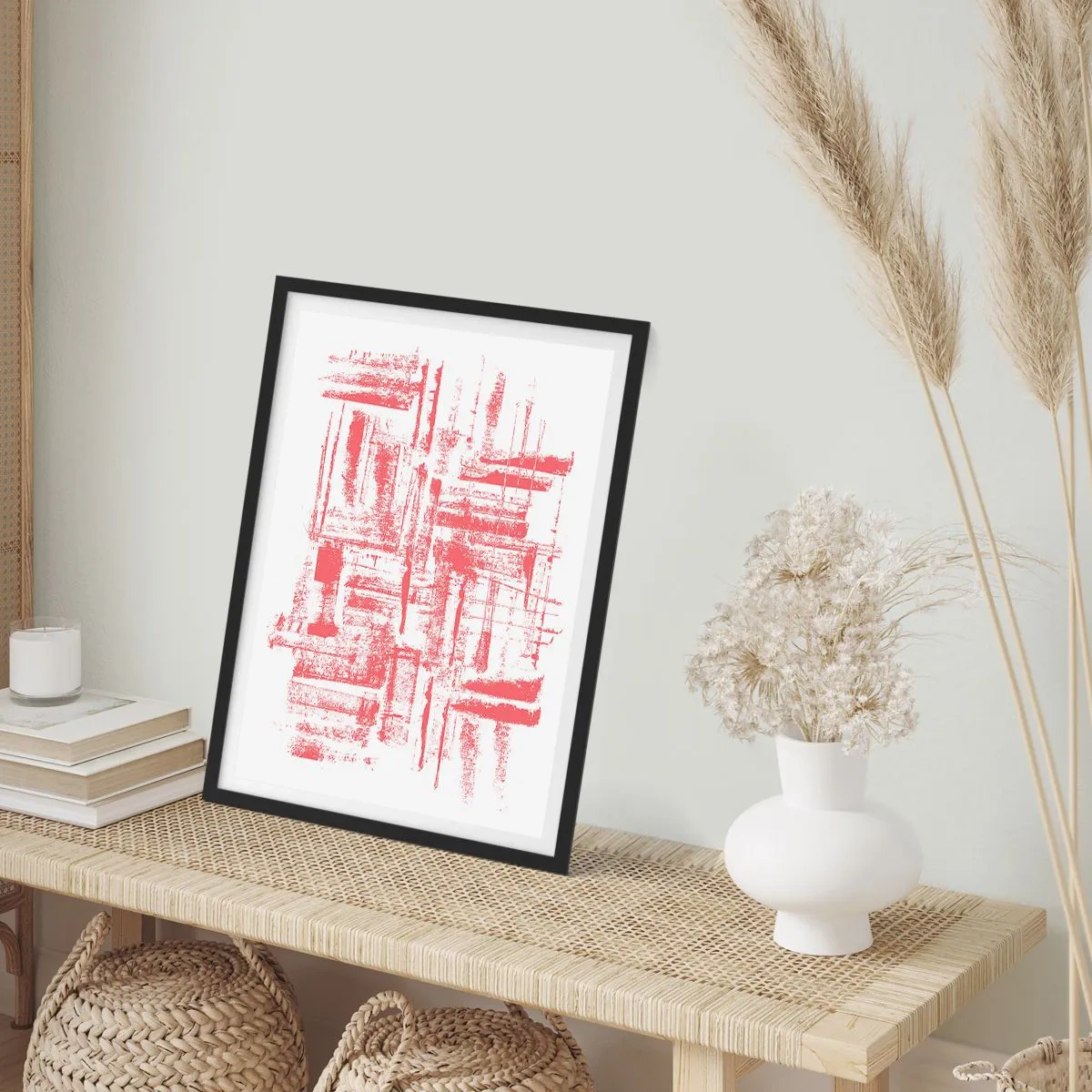 Poszter fehér keretben - Piros geometriai vonalak fehér alapon - 50x70cm - A vörös város - Modern fali dekoráció nappalihoz és hálószobához ARTTOR