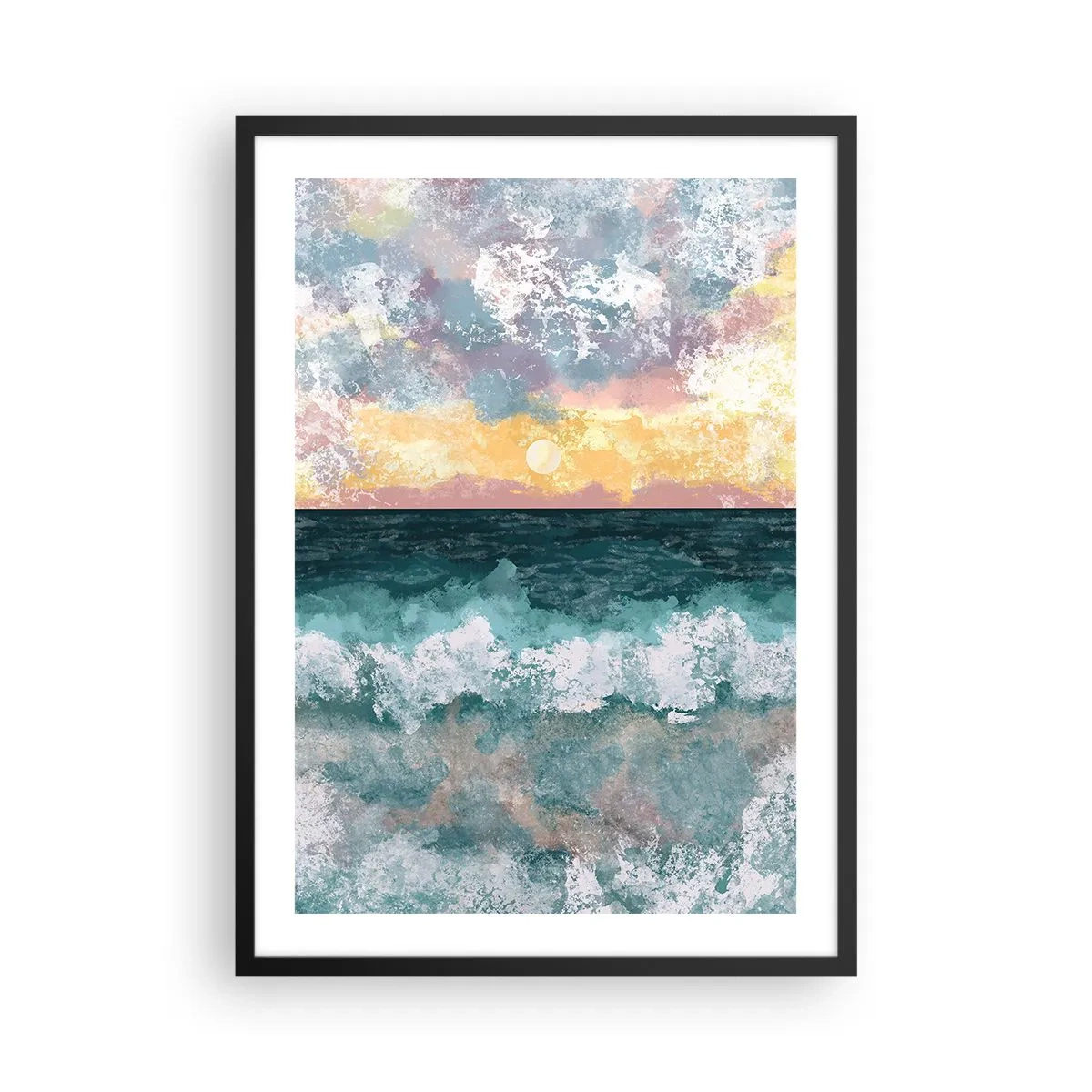 Poszter fehér keretben - Tengeri hullámok és naplemente akvarell stílusban - 50x70cm - Víz, fény, levegő - Modern fali dekoráció nappalihoz és hálószobához ARTTOR