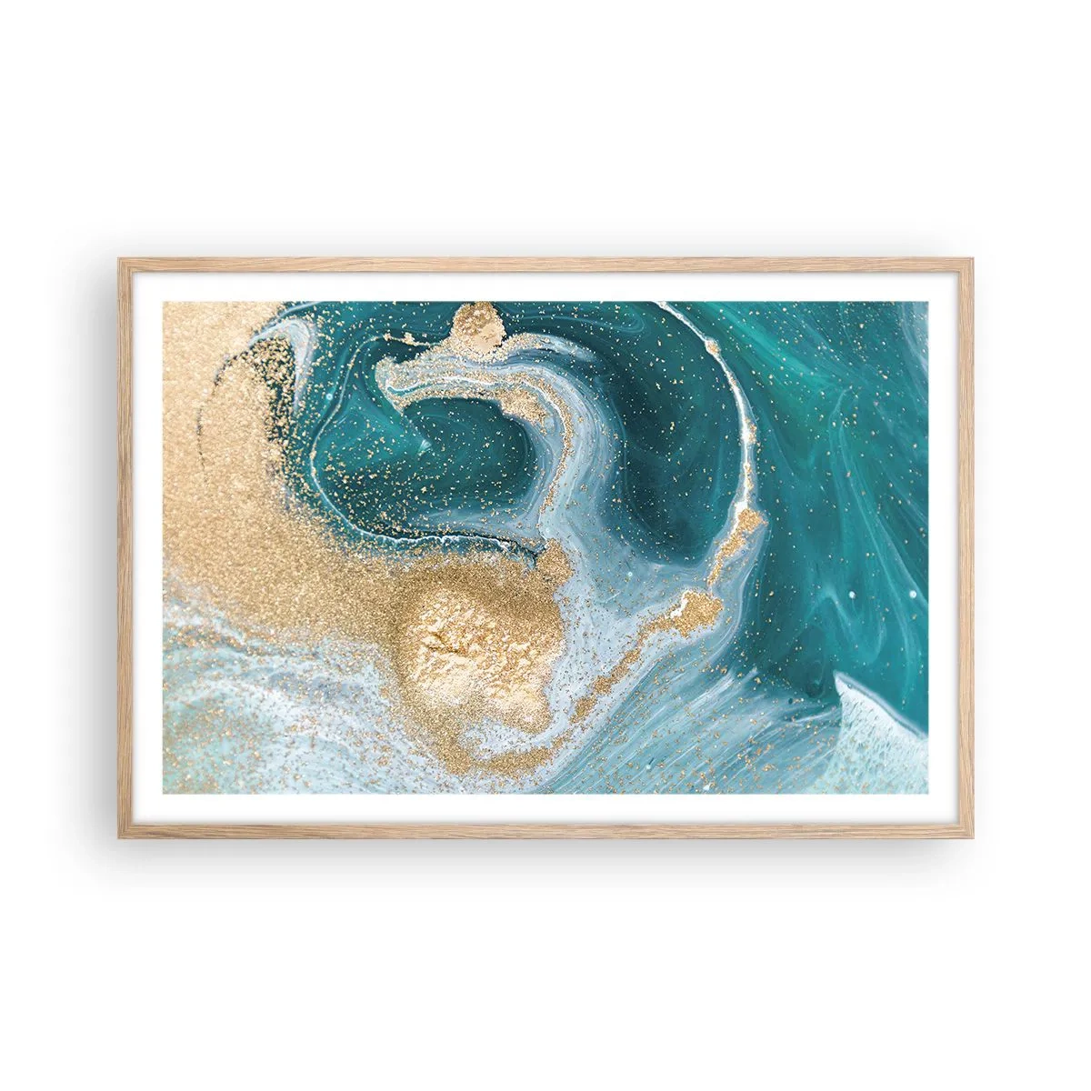 Poszter világos tölgy keretben - Arany és türkiz örvénye - 91x61 cm