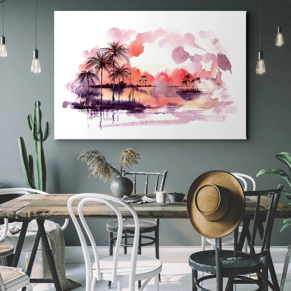 Vászonkép - Trópusi táj pálmafákkal naplementekor akvarellben - 70x50cm - A trópusok nyugalma vörösben - Modern fali dekoráció nappalihoz és hálószobához ARTTOR