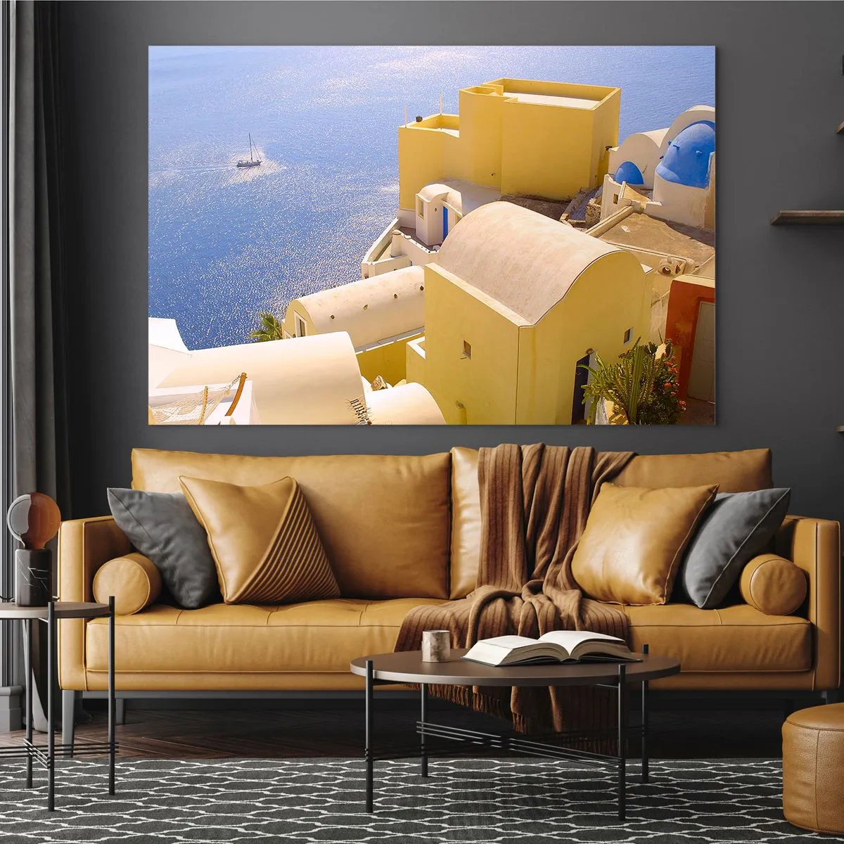 Üveg kép - Görög táj fehér és kék színben - 120x80 cm