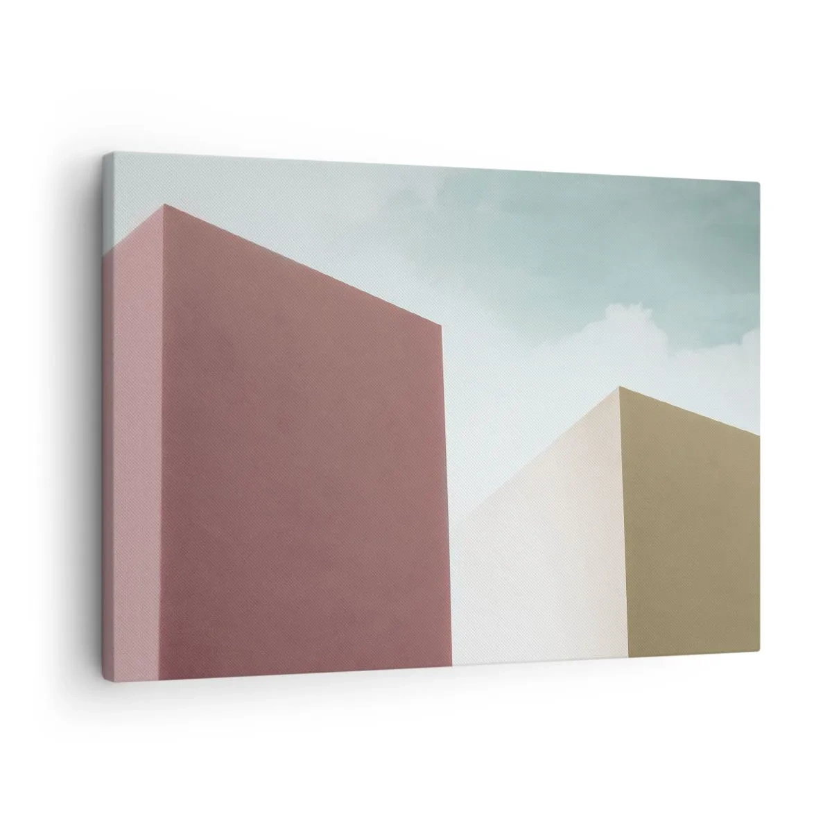 Vászonkép - Minimalista építészet pasztellszínű blokkokkal és égbolttal - 70x50cm - Egy napsütéses nyár geometriája - Modern fali dekoráció nappalihoz és hálószobához ARTTOR