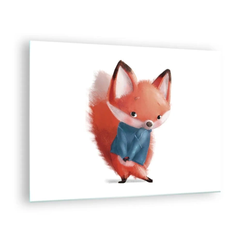 Üveg kép - Egy aranyos róka kék pulóverben, fehér alapon - 70x50cm - Jó áll rajtam? - Modern fali dekoráció nappalihoz és hálószobához ARTTOR