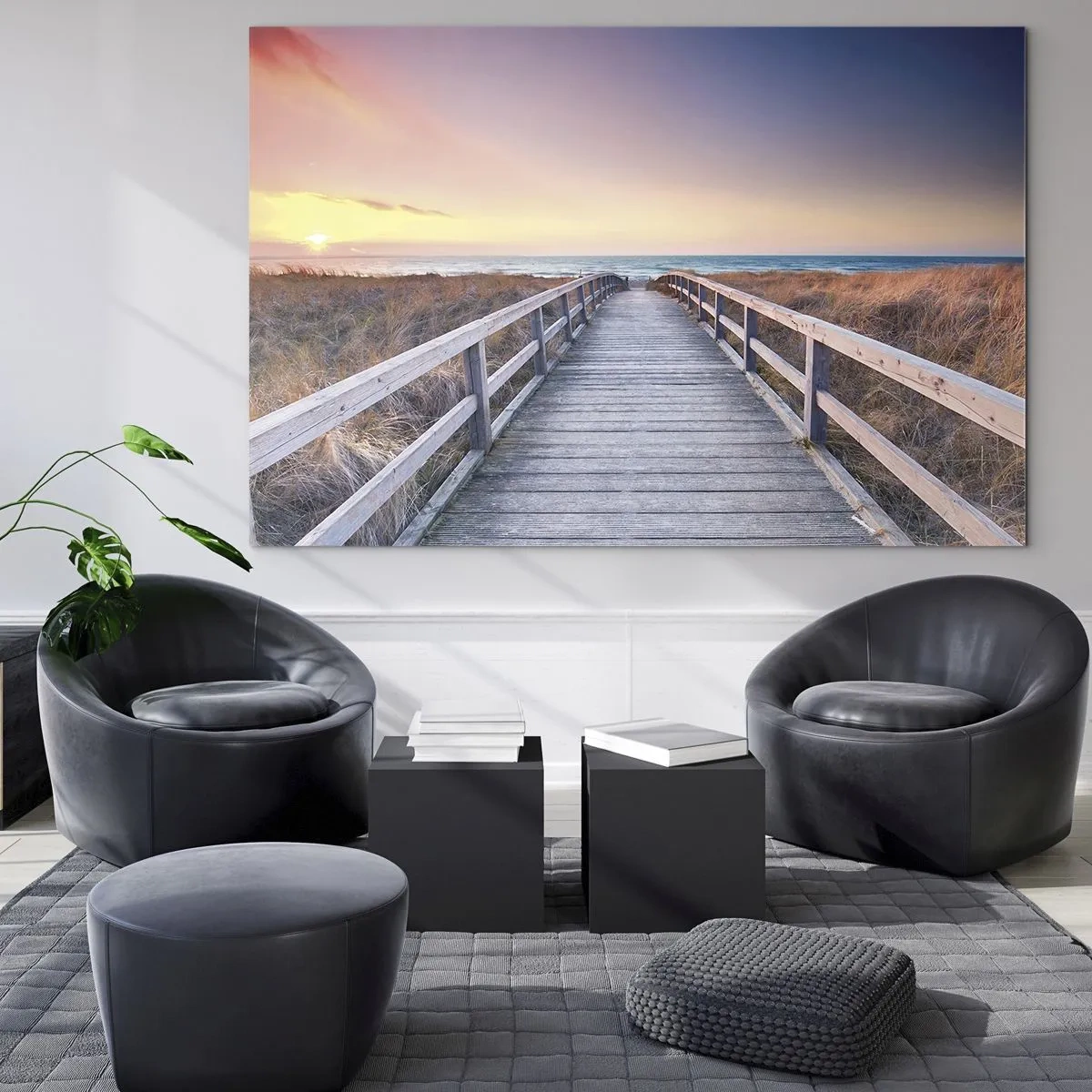 Üveg kép - Fából készült móló vezet a strandra naplementekor - 70x50cm - Balti esti aurora - Modern fali dekoráció nappalihoz és hálószobához ARTTOR