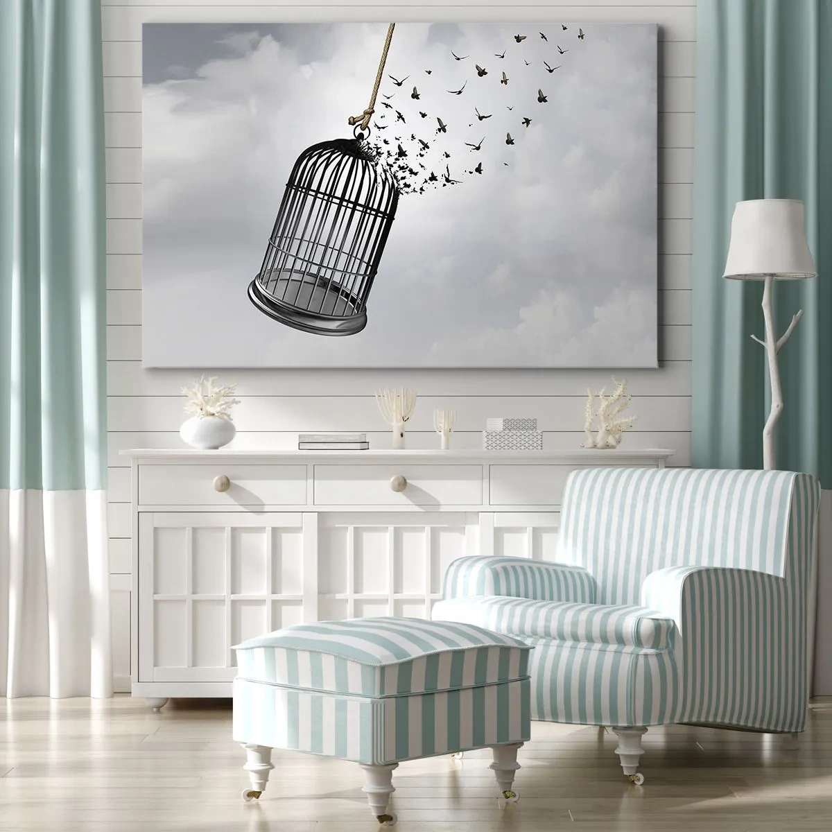 Vászonkép - Madarak repülnek ki egy kalitkából az ég ellen - 70x50cm - Hit... Remény... Szabadság! - Modern fali dekoráció nappalihoz és hálószobához ARTTOR