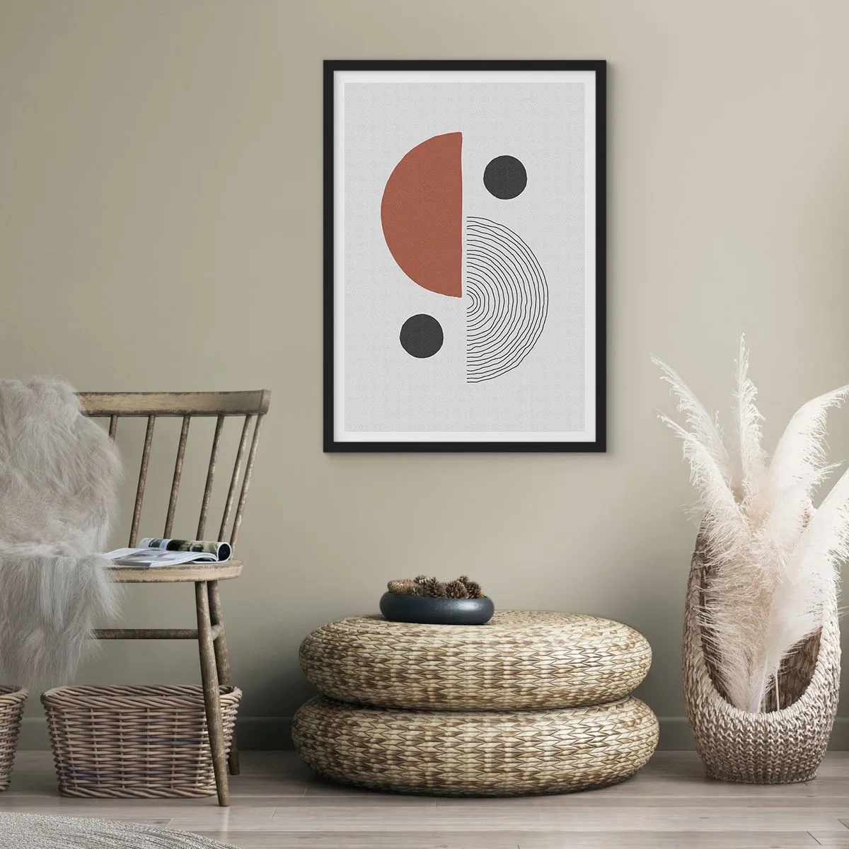 Poszter fehér keretben - Absztrakt geometrikus kompozíció meleg színekben - 50x70cm - A kerék tökéletessége - Modern fali dekoráció nappalihoz és hálószobához ARTTOR