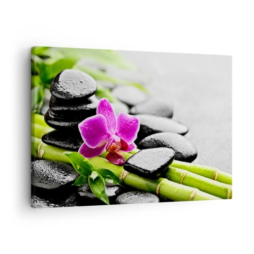 Vászonkép - Lila orchidea, fekete kövek és bambusz egy nyugodt kompozícióban - 70x50cm - Nyugodt egyensúlyban - Modern fali dekoráció nappalihoz és hálószobához ARTTOR