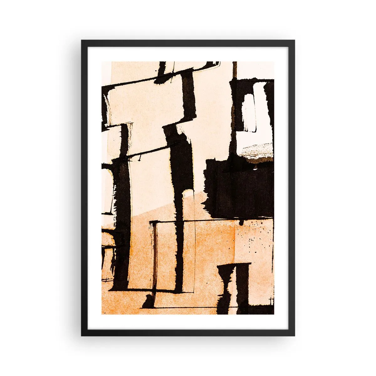 Poszter fehér keretben - Geometriai alakzatok absztrakt kompozíciója bézs és fekete árnyalatokban. - 50x70cm - Mégis rend - Modern fali dekoráció nappalihoz és hálószobához ARTTOR