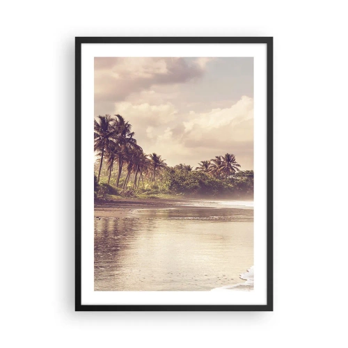Poszter fehér keretben - Trópusi tengerpart naplementekor pálmafákkal - 50x70cm - A hullámok simogatása - Modern fali dekoráció nappalihoz és hálószobához ARTTOR