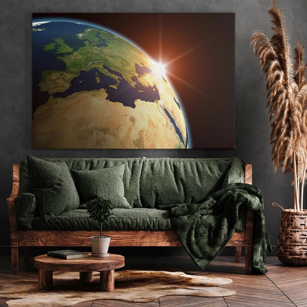 Vászonkép - A Föld látképe az űrből, napsugarakkal a horizonton - 70x50cm - Napkelte - Modern fali dekoráció nappalihoz és hálószobához ARTTOR