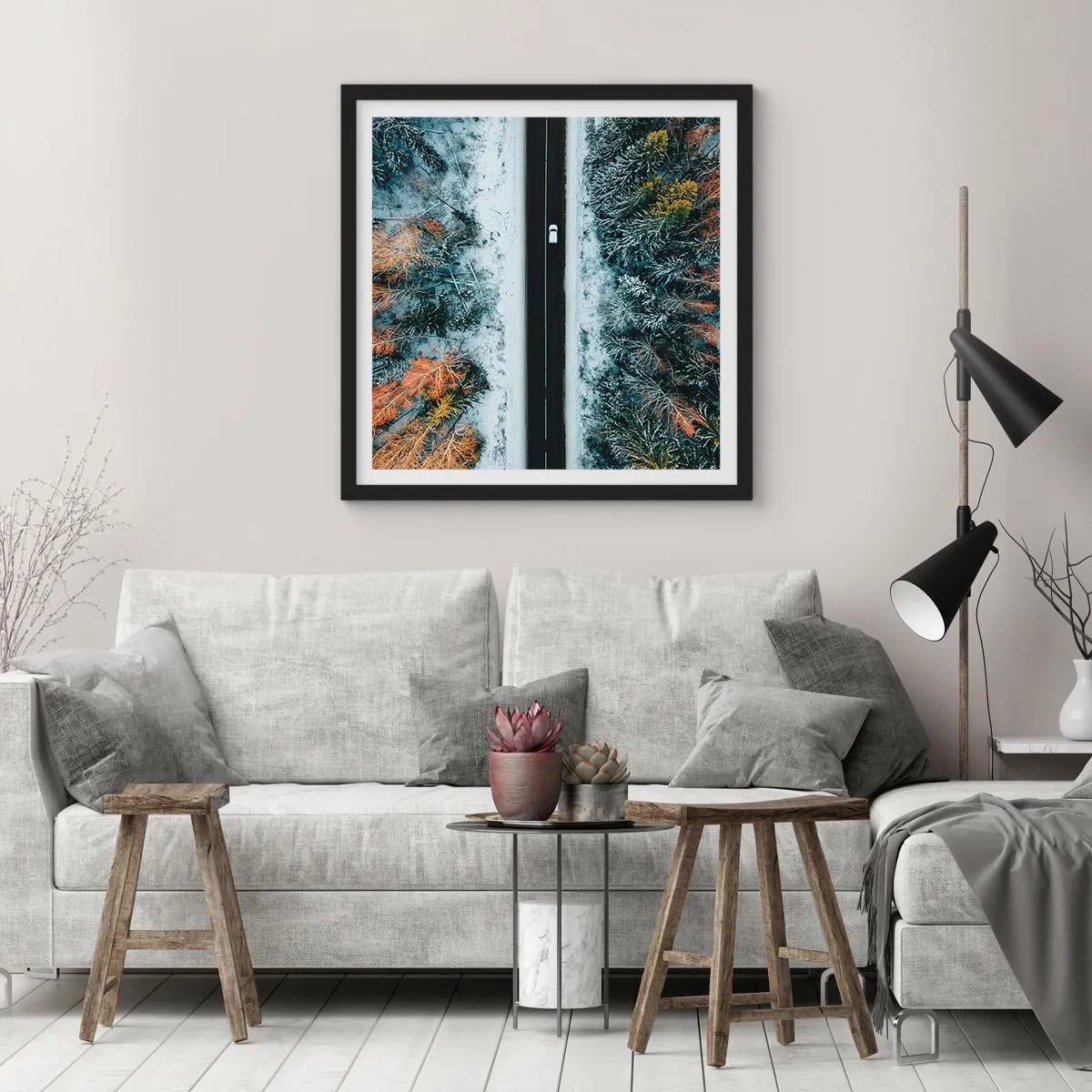 Poszter fehér keretben - Átvágni a téli erdőn - 40x40 cm