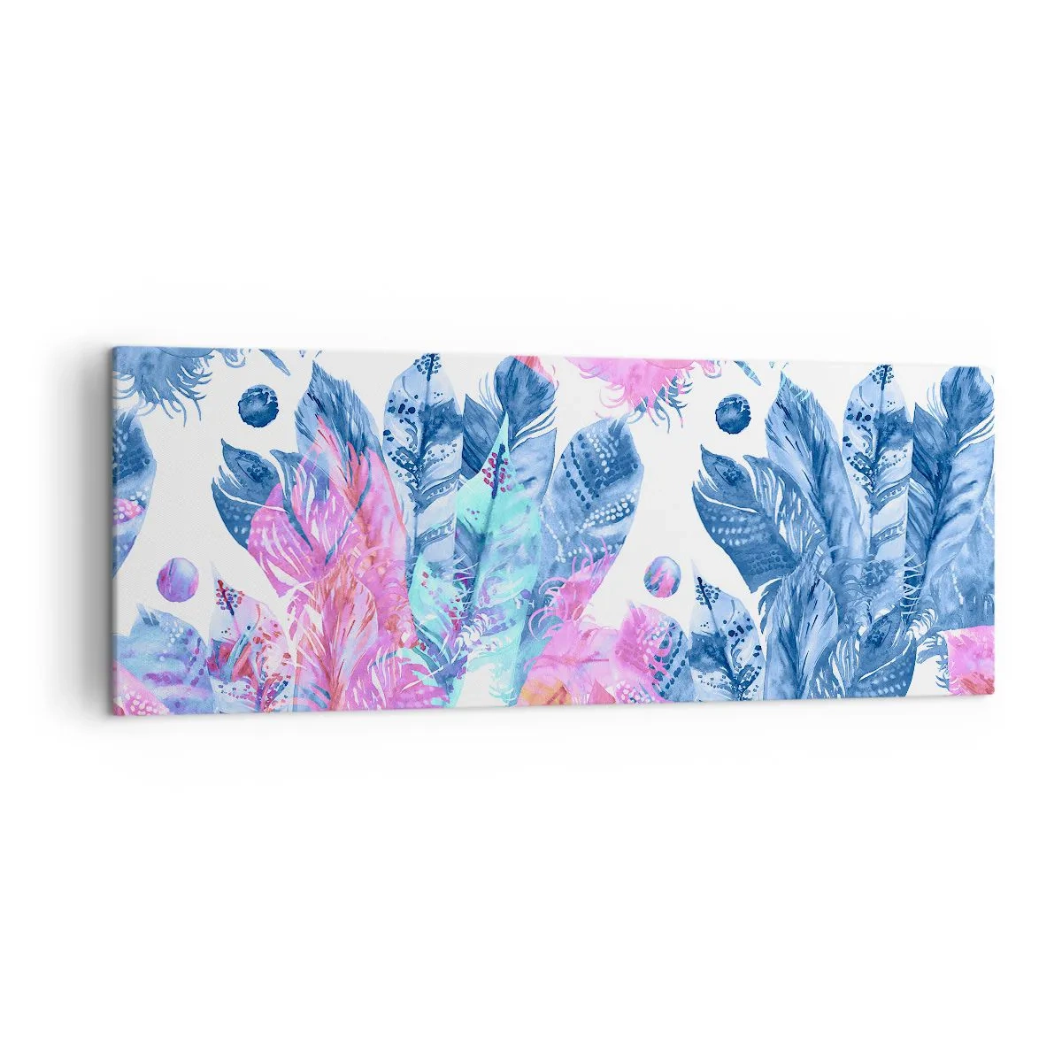 Vászonkép - Rózsaszín és kék tollak - 140x50 cm