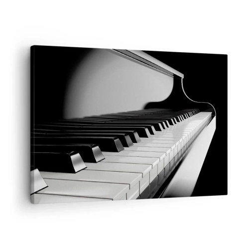 Vászonkép - Zongorabillentyűk elegáns fekete-fehér felvételen - 70x50cm - A formák és színek harmóniája - Modern fali dekoráció nappalihoz és hálószobához ARTTOR