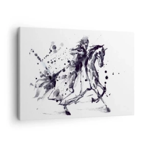 Vászonkép - Fekete-fehér akvarell egy lovasról egy vágtató lovon - 70x50cm - Fekete lovag - Modern fali dekoráció nappalihoz és hálószobához ARTTOR
