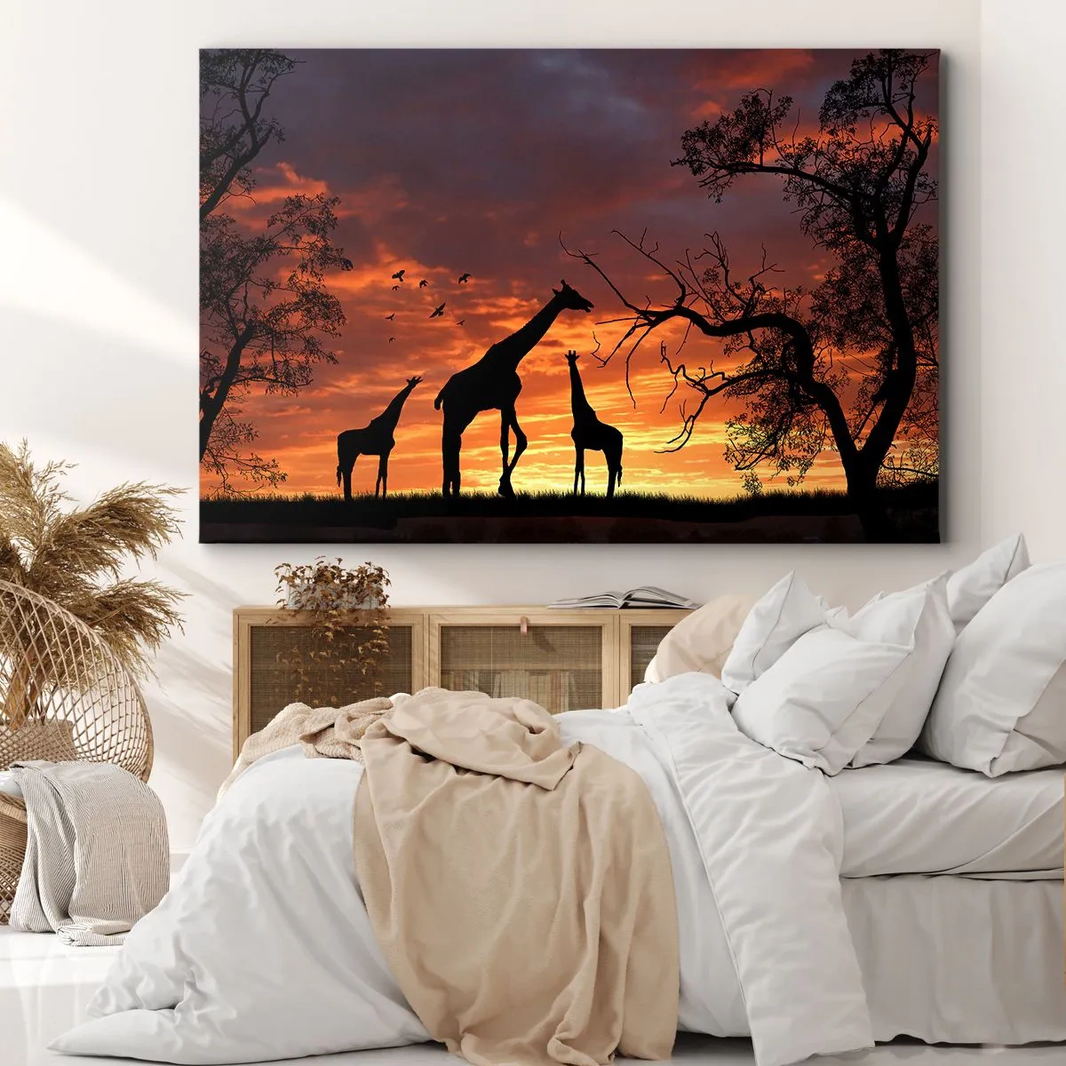 Vászonkép - Zsiráfok sziluettjei az afrikai naplemente hátterében - 70x50cm - Egy kis vacsora szeretteivel - Modern fali dekoráció nappalihoz és hálószobához ARTTOR