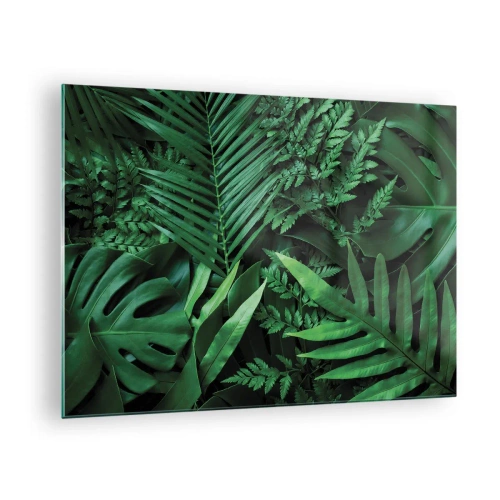 Üveg kép - Trópusi növények sűrű zöld levelei a kompozícióban - 70x50cm - Összebújva a zöldben - Modern fali dekoráció nappalihoz és hálószobához ARTTOR