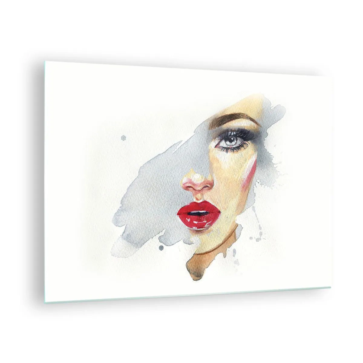 Üveg kép - Akvarell portré egy nőről, piros ajkakkal - 70x50cm - Egy vízcsepp tükörkép  - Modern fali dekoráció nappalihoz és hálószobához ARTTOR