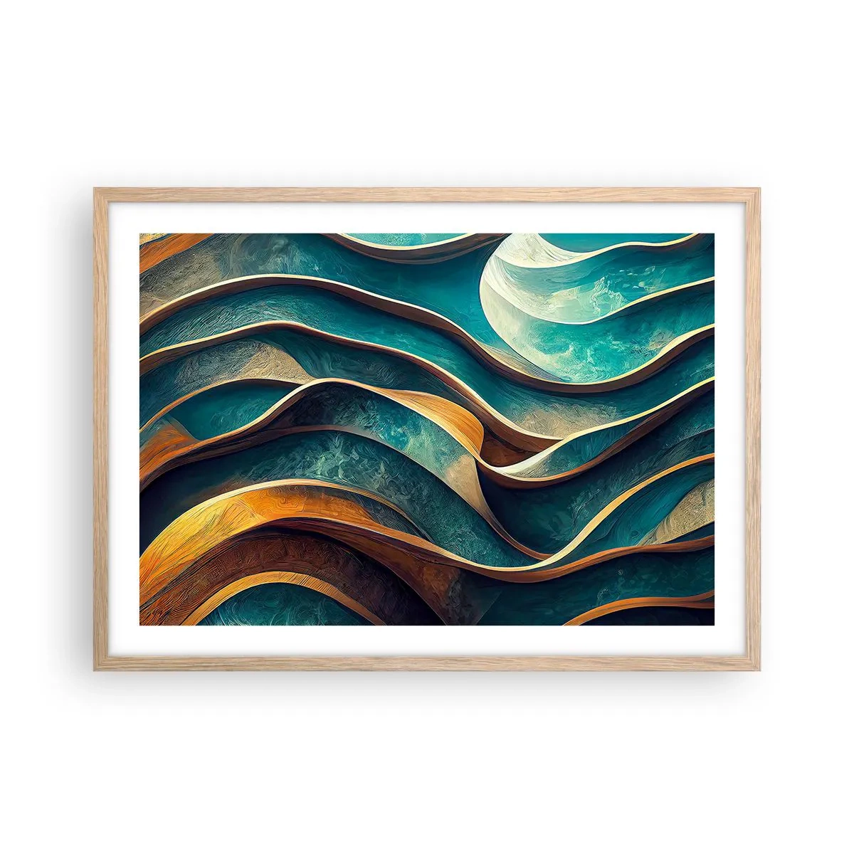 Poszter világos tölgy keretben - Kék kanyarulatok - 70x50 cm