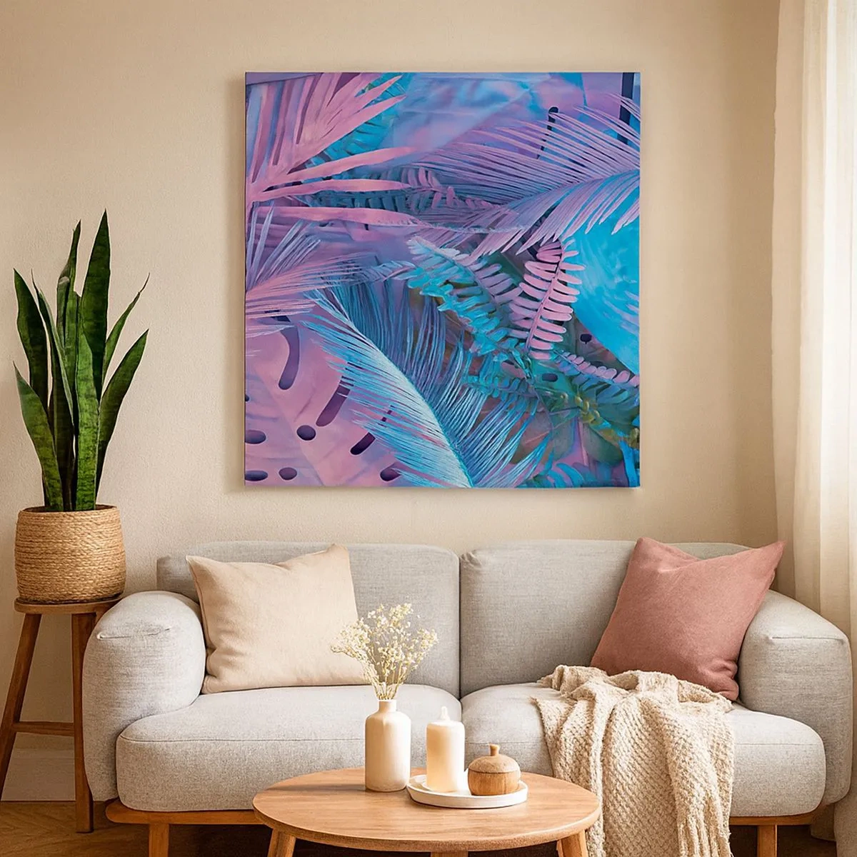 Vászonkép - Trópusok rózsaszínben és kékben - 30x30 cm