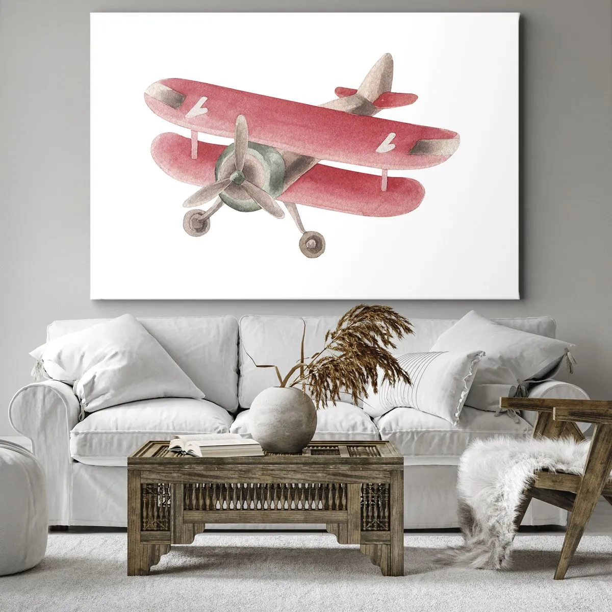 Vászonkép - Piros retro repülőgép fehér alapon - 70x50cm - Készen áll a magasba repülni - Modern fali dekoráció nappalihoz és hálószobához ARTTOR