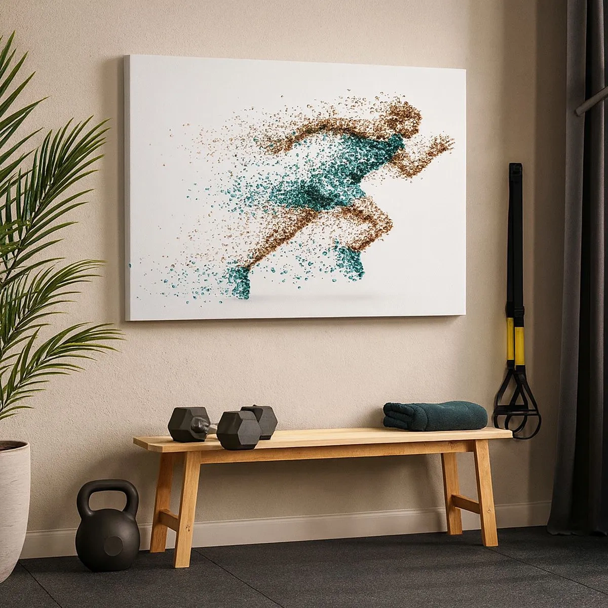Vászonkép - Egy dinamikus futófigura, apró részecskékből áll - 70x50cm - Az élet egy futás - Modern fali dekoráció nappalihoz és hálószobához ARTTOR