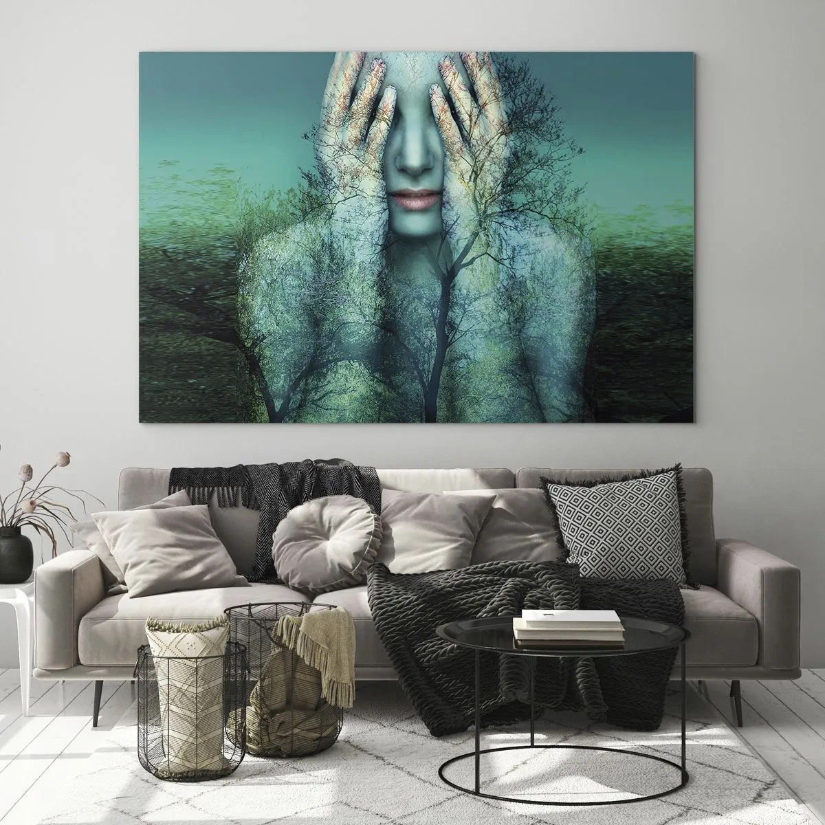 Üveg kép - Egy női arc fa motívummal szürreális környezetben - 70x50cm - Kékbe merítve - Modern fali dekoráció nappalihoz és hálószobához ARTTOR