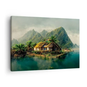 Vászonkép - Egy trópusi sziget pálmafákkal és hegyekkel a háttérben - 70x50cm - Trópusi paradicsom - Modern fali dekoráció nappalihoz és hálószobához ARTTOR
