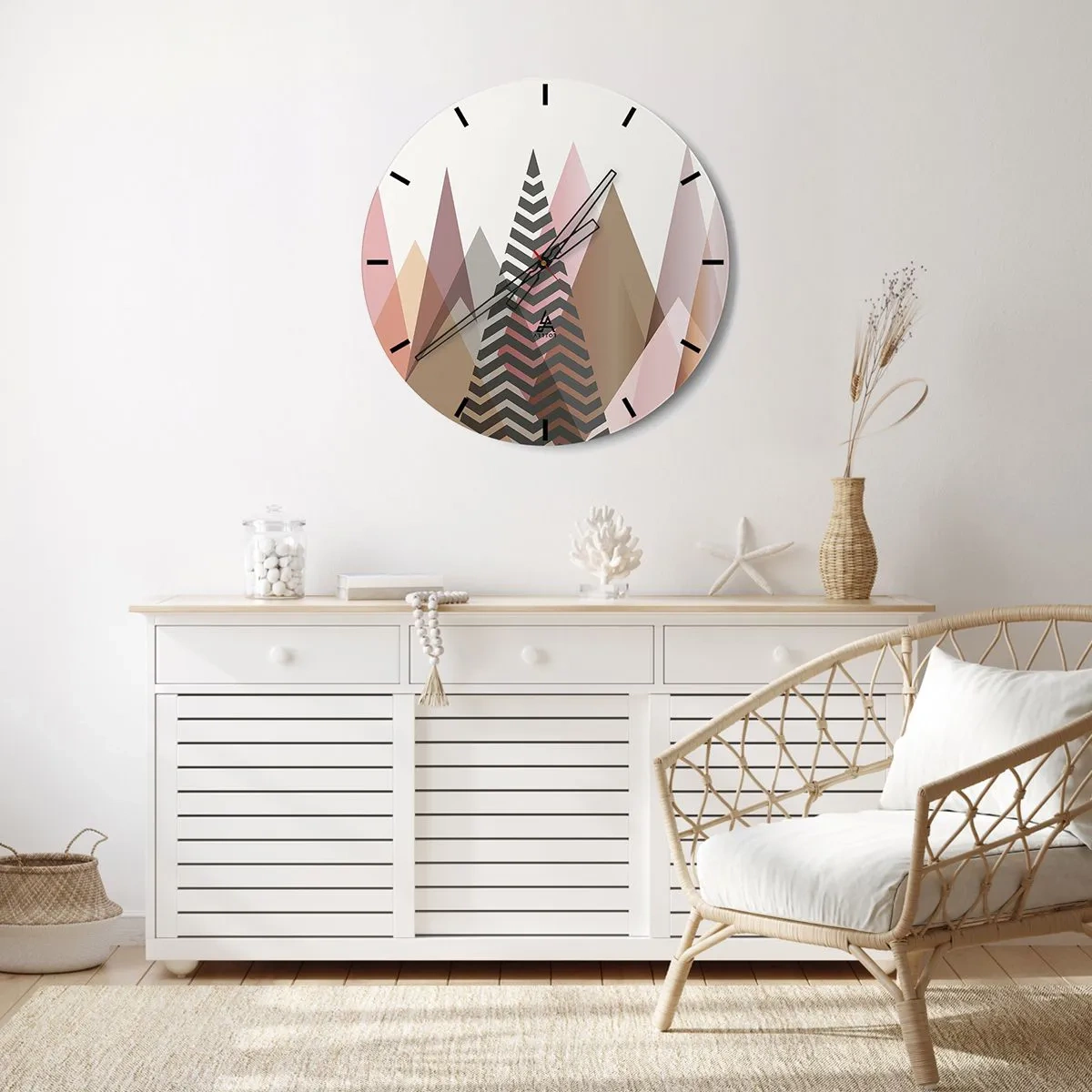 Falióra, Óra - Geometrikus hegyek és pasztell árnyalatú fák - 30x30cm - Piramis nézet - Modern fali dekoráció nappalihoz, konyhához és hálószobához ARTTOR