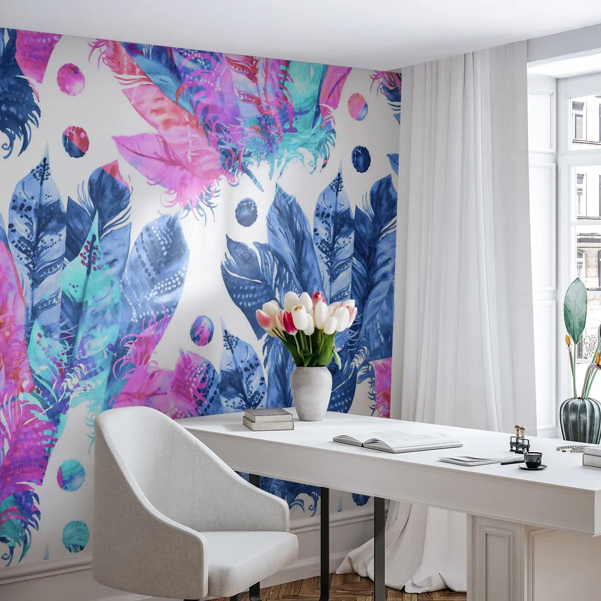 Fotótapéta Premium Sand - Rózsaszín és kék tollak - Madár toll, színes illusztráció, Grafika - 400x280 cm