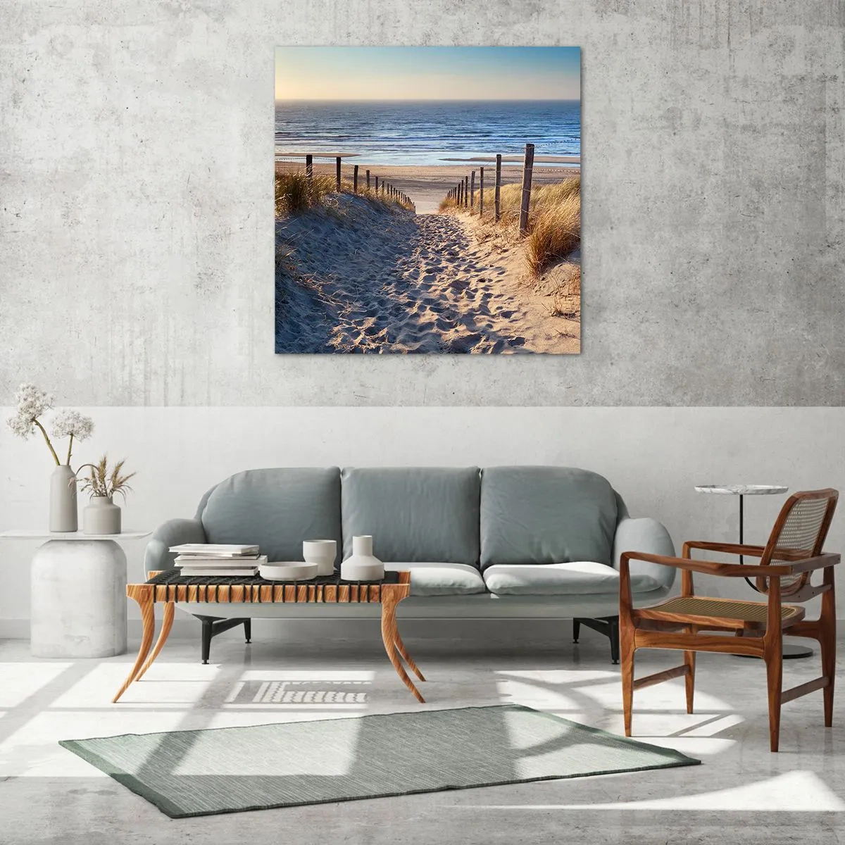 Üveg kép - A tenger hangja, a madarak éneke, egy vad tengerpart a fű között... - 70x70 cm