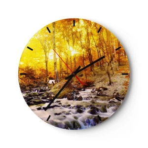 Falióra, Óra - Őszi erdő egy rohanó patakkal az aranyló levelek között - 30x30cm - Kövek aranyba és platinába - Modern fali dekoráció nappalihoz, konyhához és hálószobához ARTTOR