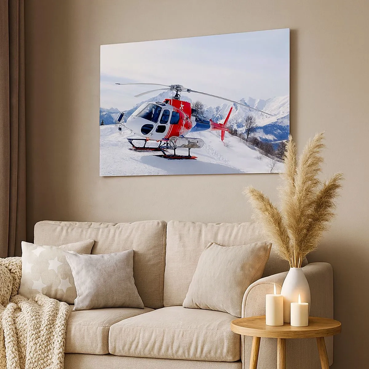 Vászonkép - Egy piros helikopter havas hegyi táj előtt. - 70x50cm - Mindig készen - Modern fali dekoráció nappalihoz és hálószobához ARTTOR