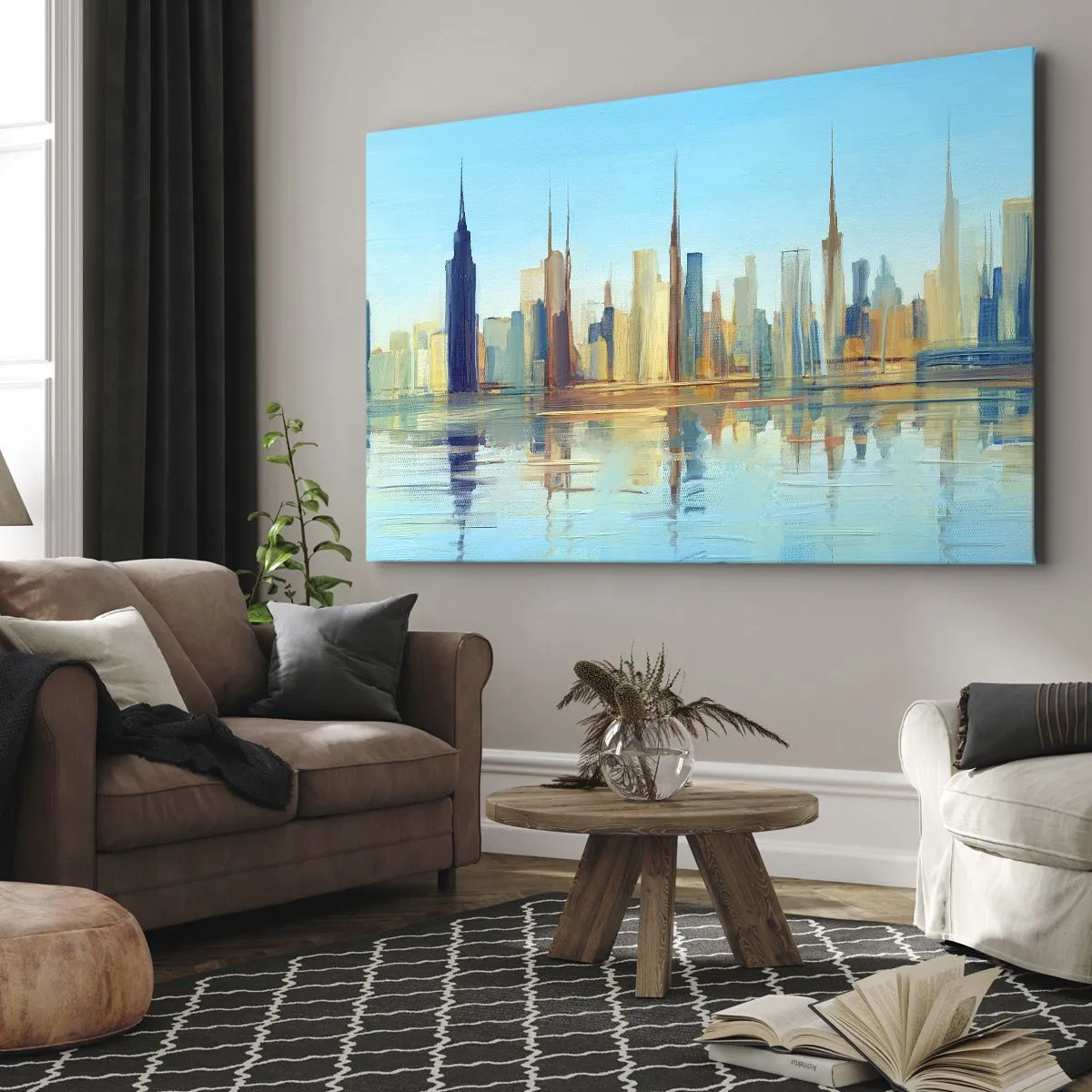 Vászonkép - A város panorámája meleg színekkel, tükröződéssel a vízben - 70x50cm - Napfényes metropolisz - Modern fali dekoráció nappalihoz és hálószobához ARTTOR