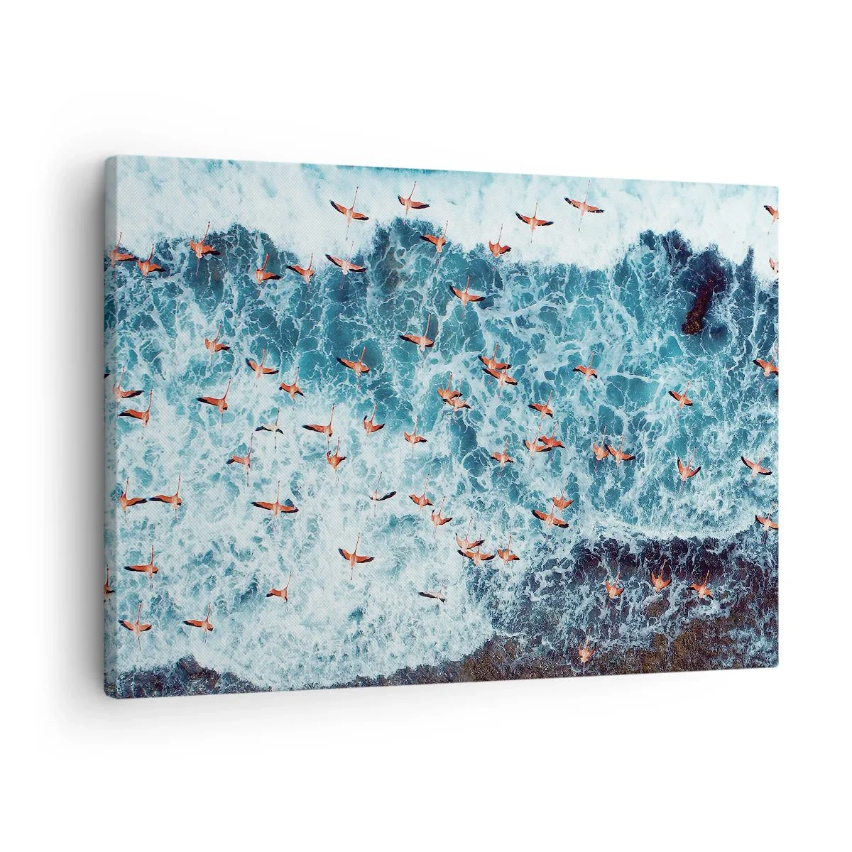 Vászonkép - Rózsaszín flamingók madártávlatból a kék óceán felett - 70x50cm - A tengerparti parádé - Modern fali dekoráció nappalihoz és hálószobához ARTTOR