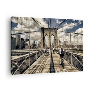 Vászonkép - Brooklyn híd, kilátással a gyalogosokra és kerékpárosokra - 70x50cm - Egyenesen a város szívébe - Modern fali dekoráció nappalihoz és hálószobához ARTTOR