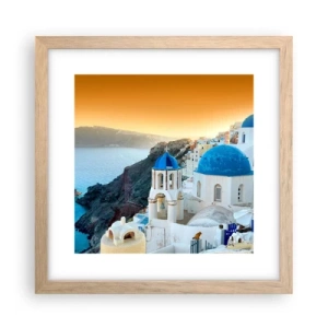 Poszter világos tölgy keretben - Santorini – rásimulva a sziklákra - 30x30 cm