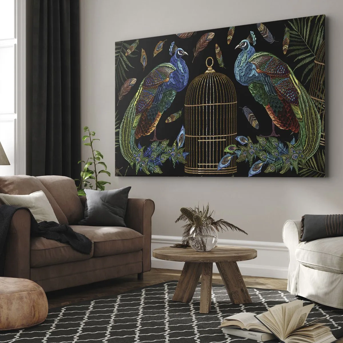 Vászonkép - Pávák egy aranykalitka mellett, fekete háttér előtt - 70x50cm - Királyi köntösben - Modern fali dekoráció nappalihoz és hálószobához ARTTOR