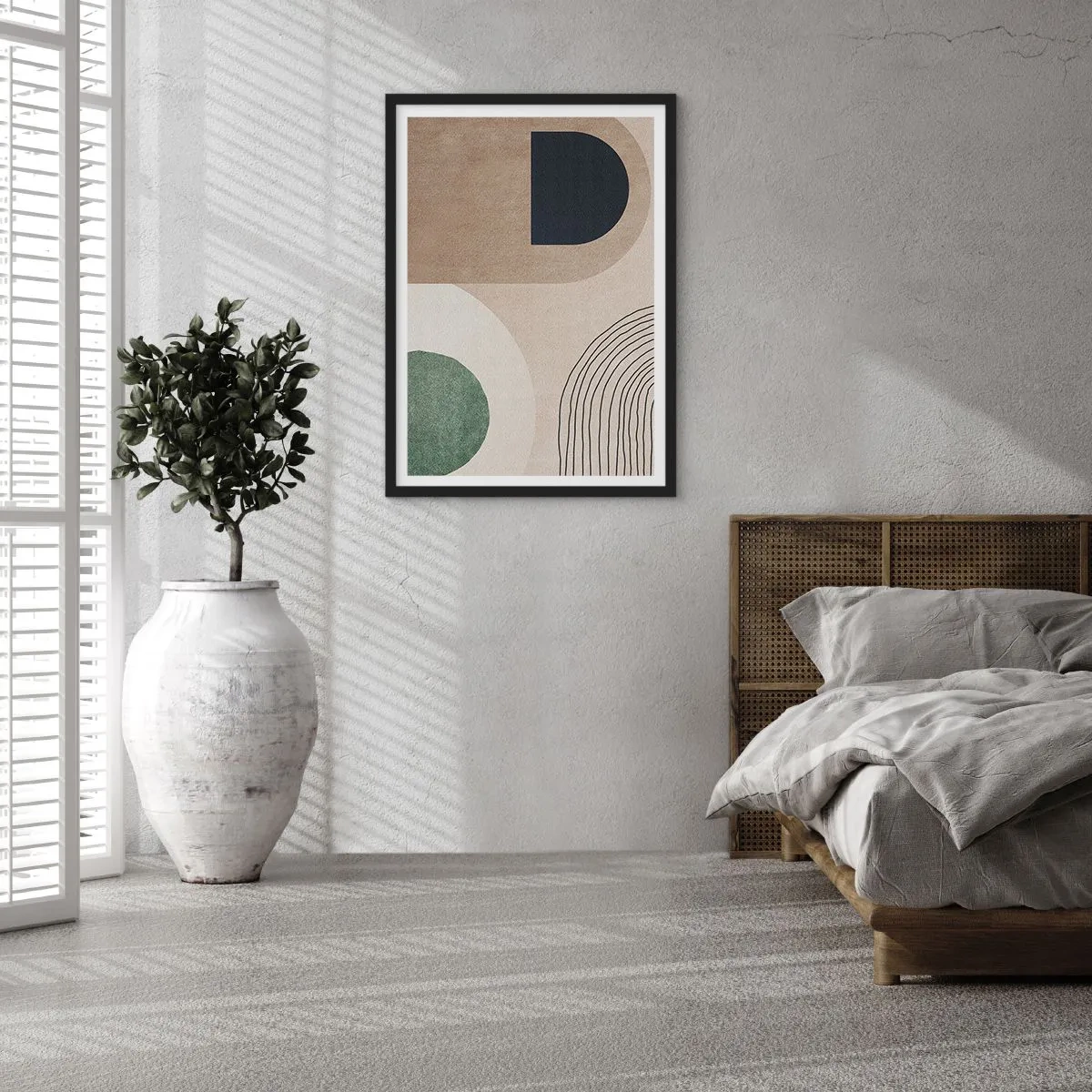 Poszter fehér keretben - Geometrikus absztrakció bézs, zöld és fekete árnyalatokban - 50x70cm - Egy ovális szelídsége - Modern fali dekoráció nappalihoz és hálószobához ARTTOR