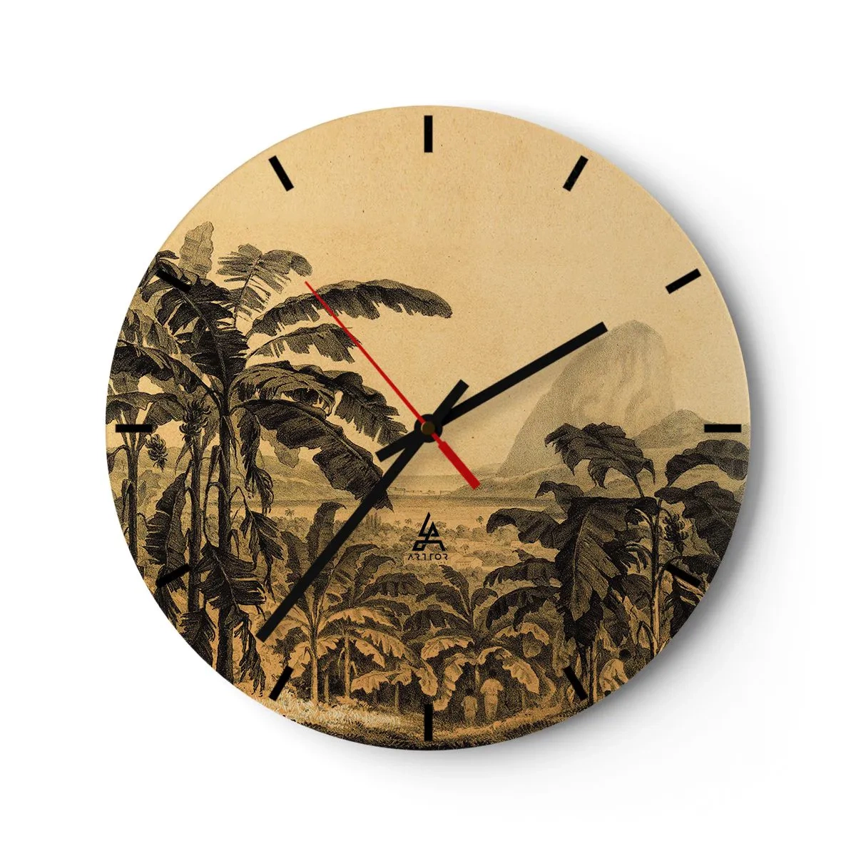 Falióra, Óra - Banán és egy retró trópusi táj - 30x30cm - Gyarmati klímában - Modern fali dekoráció nappalihoz, konyhához és hálószobához ARTTOR