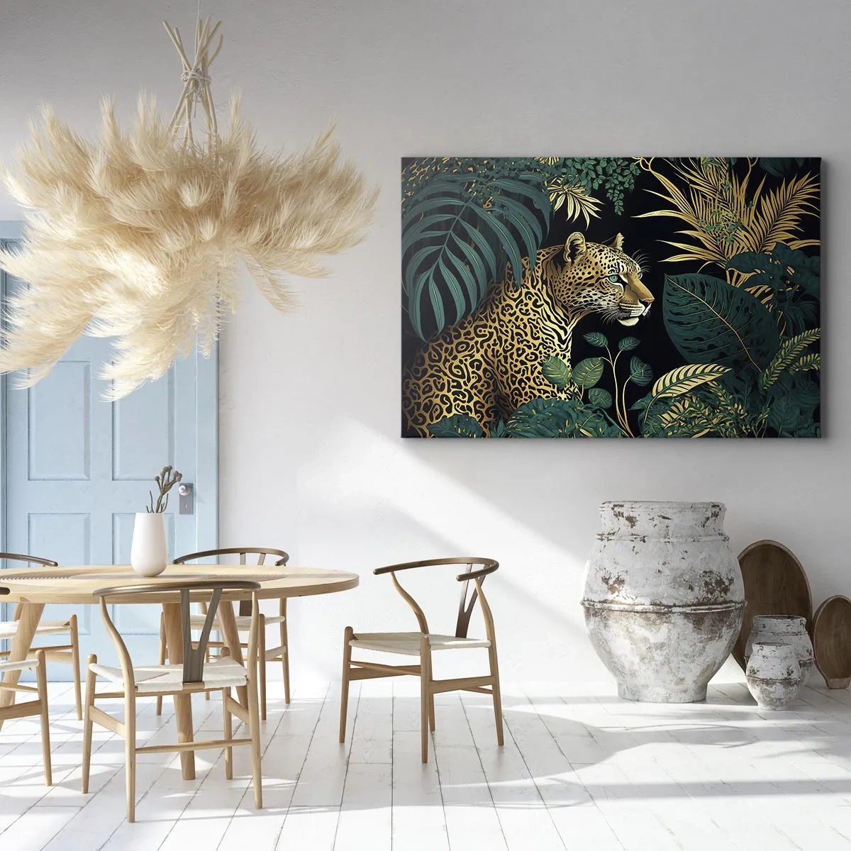 Vászonkép - Leopárd trópusi levelekben, fekete háttéren - 70x50cm - A házigazda a dzsungelben - Modern fali dekoráció nappalihoz és hálószobához ARTTOR