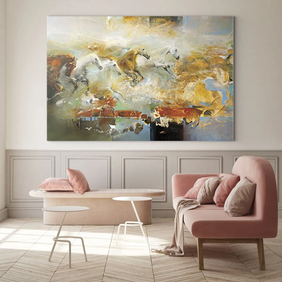 Üveg kép - Absztrakt lovak dinamikus mozgásban - 70x50cm - Vágta a fényen át - Modern fali dekoráció nappalihoz és hálószobához ARTTOR