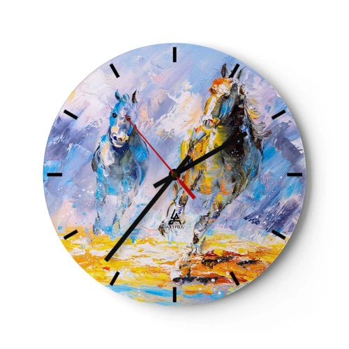 Falióra, Óra - Két ló dinamikus futásban színes háttér előtt - 30x30cm - Átvágtatva a vakító fényen - Modern fali dekoráció nappalihoz, konyhához és hálószobához ARTTOR
