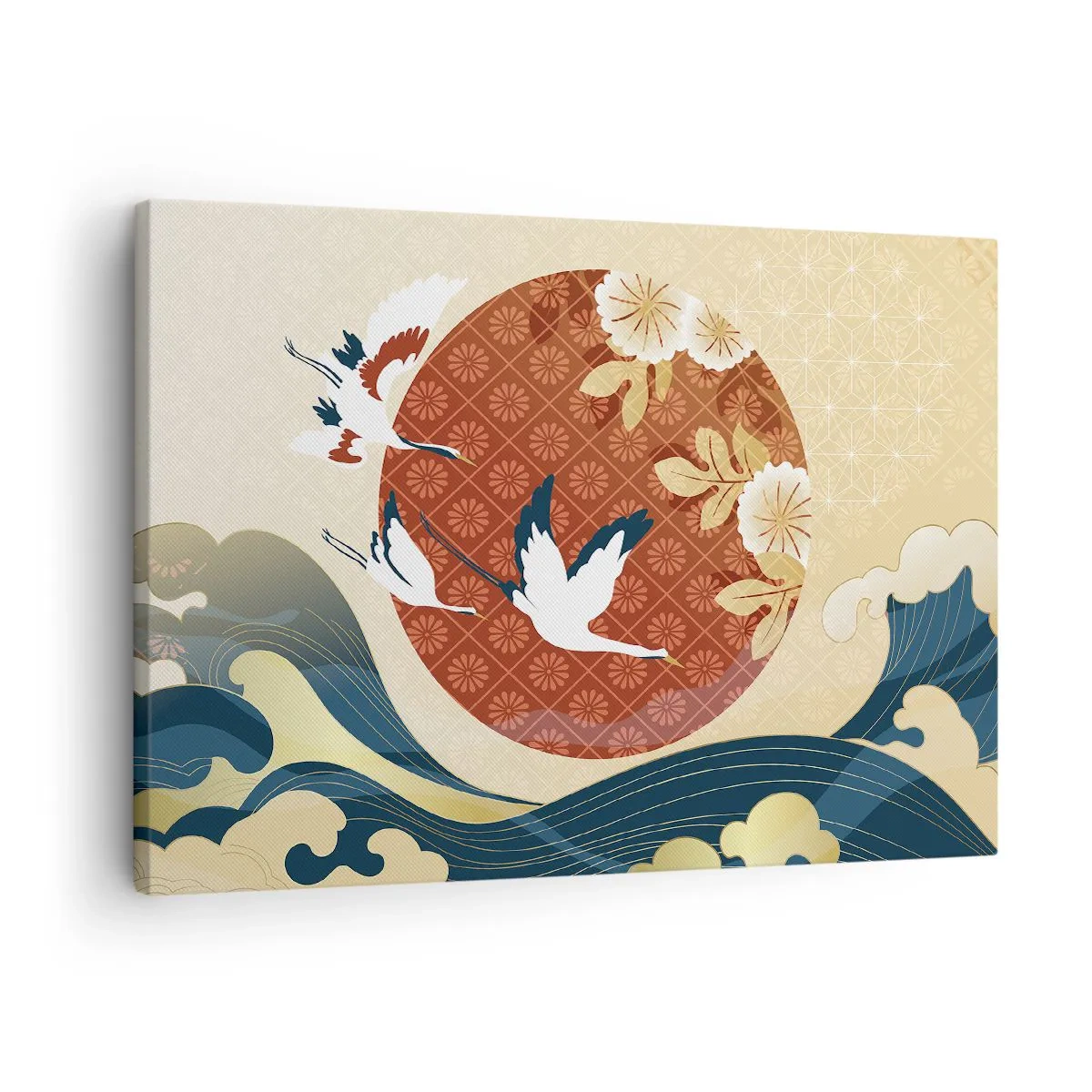 Vászonkép - Japán kompozíció darukkal és hullámokkal - 70x50cm - Japán mese - Modern fali dekoráció nappalihoz és hálószobához ARTTOR